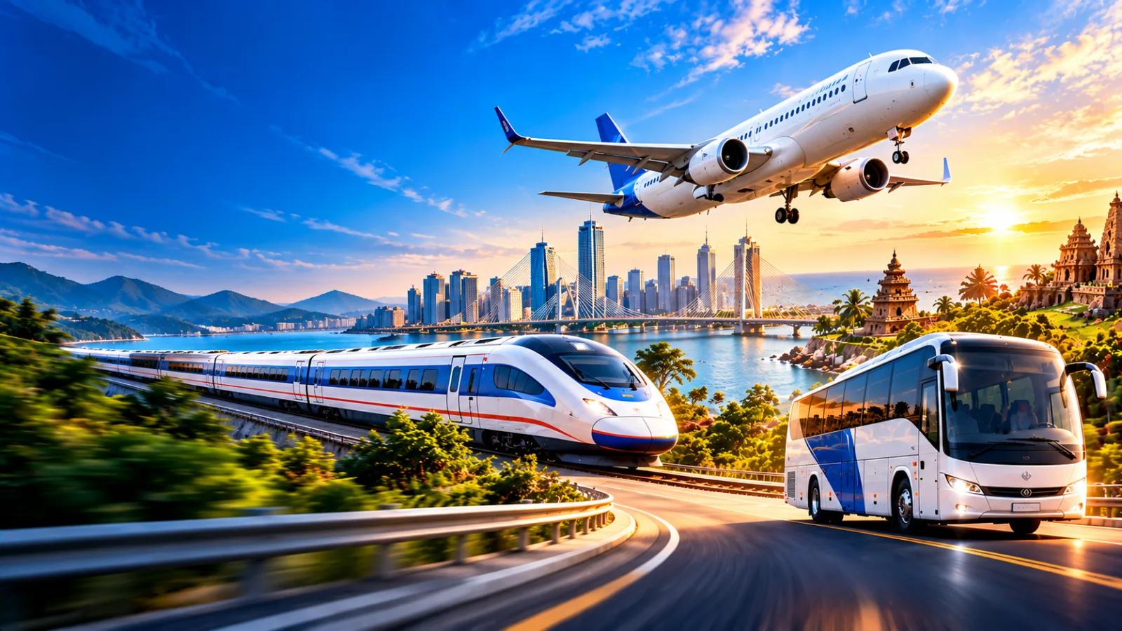 Flight, train and bus travel booking with scenic city views